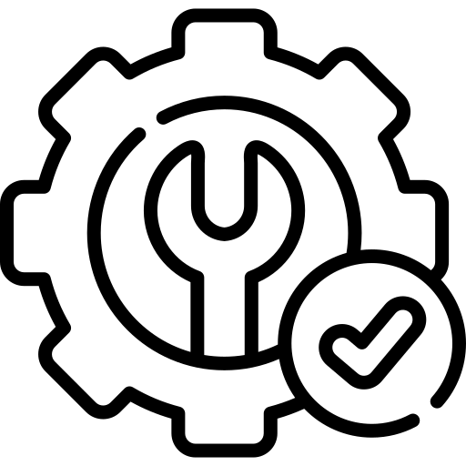 Black line art gears with wrench and green checkmark symbolizing reliable logistics setup and system success.