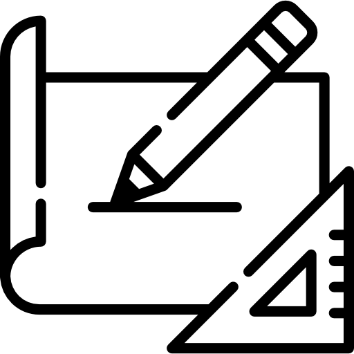 Line drawing of blueprint with pencil and set square representing logistics planning and supply chain design.