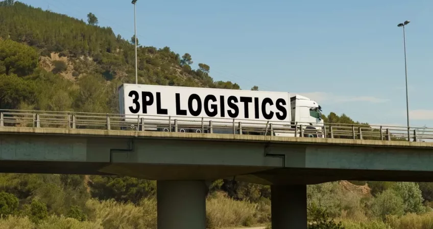 A white truck with "3PL LOGISTICS" in bold black letters drives across a bridge. The background features green hills and a clear blue sky.